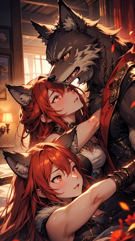 1 male anthro furry wolf couple, detailed facial features, highly detailed, romantic intimate pose, photorealistic, cinematic lighting, warm colors, vibrant, award winning digital art