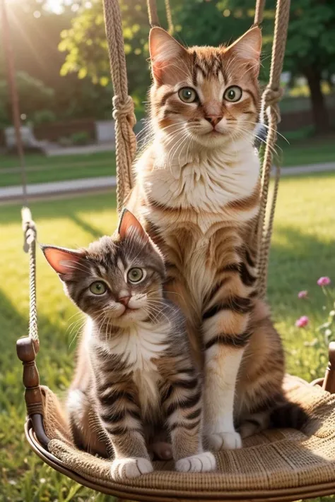 A beautiful mama cat with its kittens, riding on a swing in a sunny park, photo realistic, 8k, highly detailed, photorealistic, hyper detailed, masterpiece, warm lighting, vibrant colors, soft focus, adorable kittens, cats eyes are extremely detailed, cats...