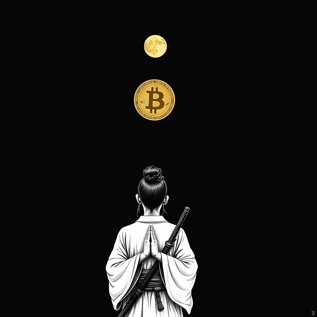 Samurai on the side with his hands together as if praying, with her hair tied up and the sword on her back, black background. The samurai in white and the sky with white details too, , with a moon behind him with a gold Bitcoin floating in front of him lik...