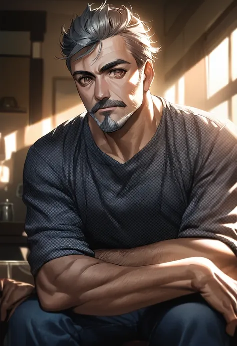 a muscular man, middle-aged, 46 y.o, Oscar Isaac ((face)), quiff hairstyle, salt and pepper hair, graying mustache, graying beard, red checkered shirt, blue denim khaki trousers, handsome face, detailed eyes, nose and lips, 8k, high quality, photorealistic...