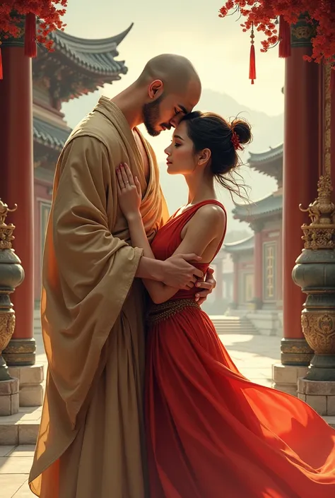 Create fantasy romance pictures, a young man standing behind holding a girl, the man is a great Buddhist monk, manhua drawing genre with color, content is not safe for work, the great master of the Buddhist religion will shave all the hair on his head, the...