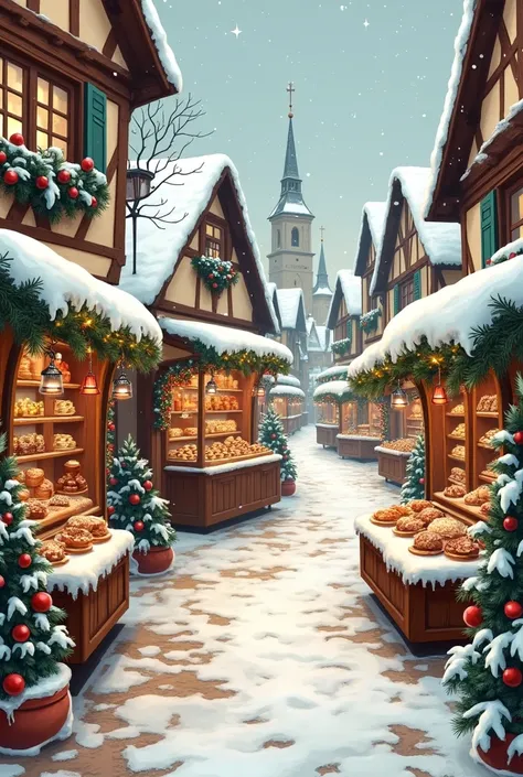 Design a seamless pattern of Christmas markets, with stalls selling ornaments, hot drinks, and festive treats, set in a snowy village --tile