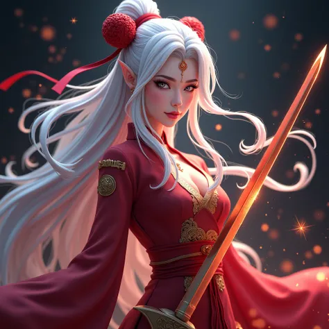 a detailed logo for a gaming team, close face a taoist woman with white hair and white eyes, wearing a red dress and holding a sword, with the name "Baby" written in the image, (best quality,4k,8k,highres,masterpiece:1.2),ultra-detailed,(realistic,photorea...