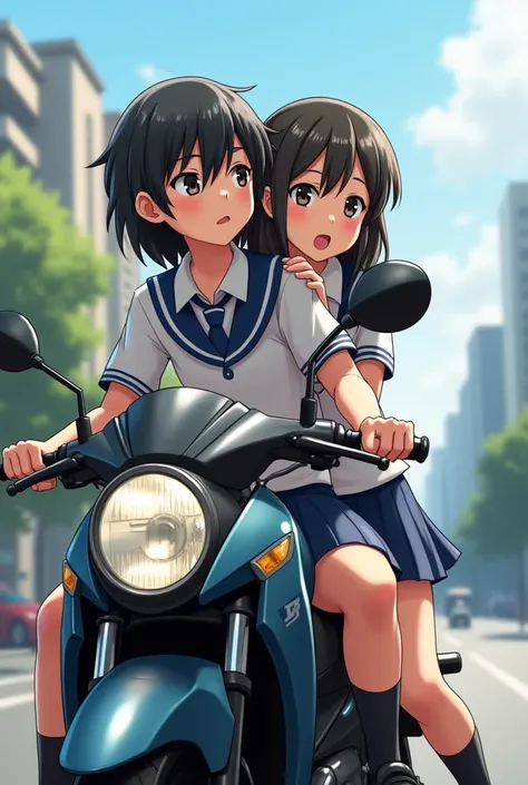 teenage boy and teenage girl in single motorcycle; wearing school uniform; realistic 