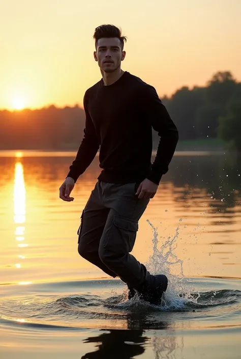 a handsome 2 young man, smiling, black quiff hair, wearing a black sweater, black cargo pants, black caterpillar boots, floating above the surface of the water, water splashing around his feet, sunset backlight background on a beautiful lake, cinematic, UH...