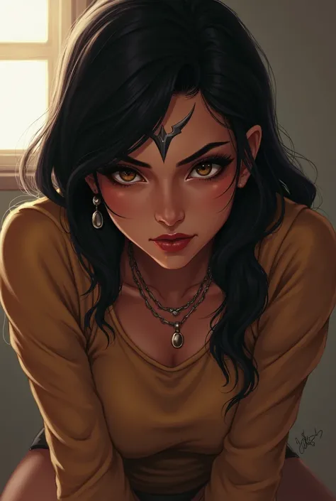 score_9, score_8_up, score_7_up, 1girl, leaning forward portrait, Pharah looks down, eyes directed downwards, brown eyes, naughty smirk, (Eye of Horus), (Expression biting lower lip), cozy sweater body suit