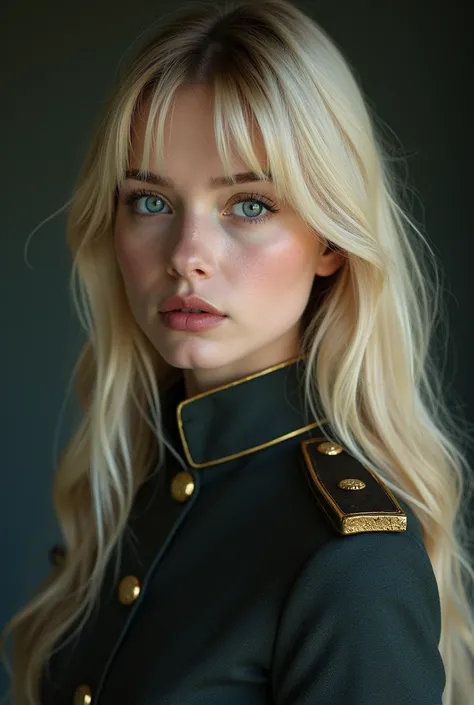 a young lady, beautiful face, blonde hair, (very long straight hair), bangs, (blue eyes), pale skin, military dress, (realistic,photography:1.2),