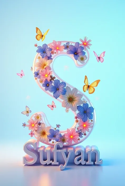 A 3D render of the letter "S" filled with flowers and butterflies, with the name "SUFYAN" written below it, in a glass-like transparent style. The background is a soft blue gradient, and the flowers are in shades of blue and pink. The butterflies are yello...