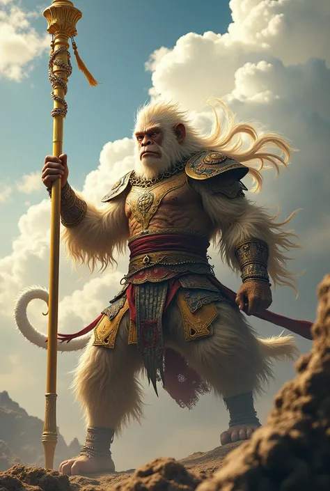 Close Up
(masterpiece, A sacred representation of the Monkey King:1.4), Wukong，only, Holding a long golden stick，Use of chainma, ,tmasterpiece，Ultraclaro，UHD,Extreme details，The background is sky and clouds，soles，Shine
(fight against dragons)