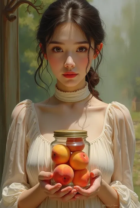 Lady with a jar of peaches in her hand
