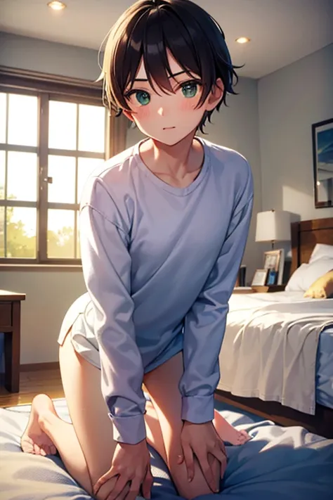 a cute boy kneeling in a bedroom, wearing a white long sleeve shirt and green briefs,