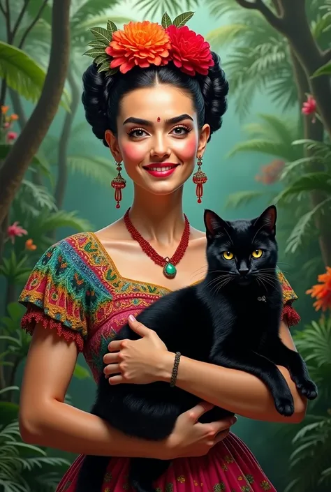 Frida Kahlo is pictured smiling and wearing a colorful Mexican dress in a tropical forest., Holding a black cat 