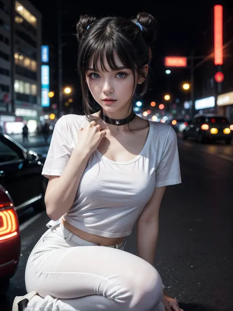 young woman, realistically, Black hair, Bangs over the eyes, Blue eyes, choker, white t-shirt, red shirt, black skinny pants, High heel boots, full length, Height 170 cm, parted lips, HD model, Double bun, Widescreen format, in the background, night city, ...