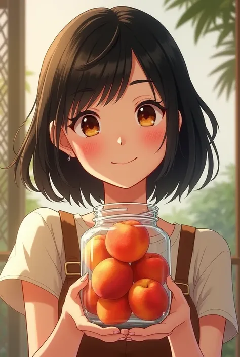 Happy black-haired lady with a jar of peaches in her hand
