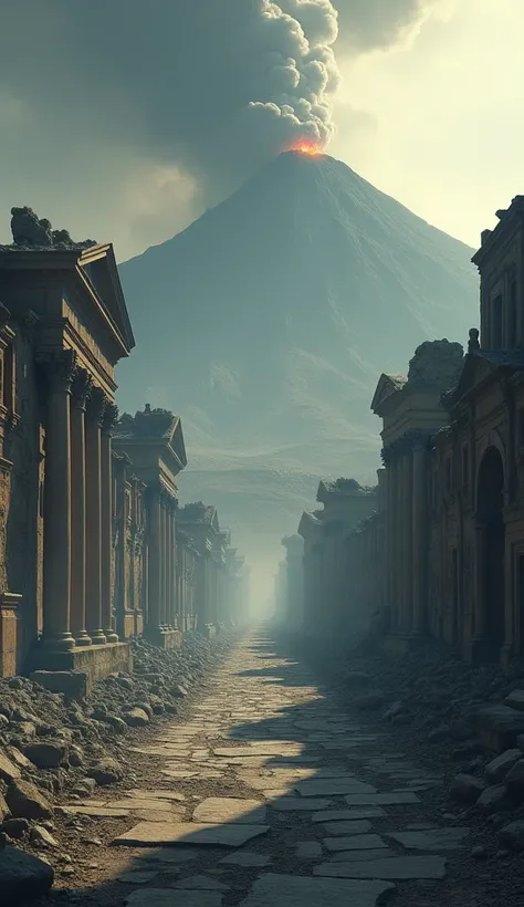 Show the empty, ash-covered streets of Pompeii, with Roman buildings and villas half-buried under volcanic debris. In the background, the silhouette of Mount Vesuvius looms ominously under darkened skies."