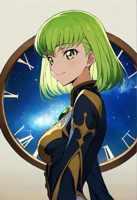 Anime girls code geass C.C. lamp clock. ,long light green hair,unique light green eyes, I smile, Simple background, Great job, precise, Anatomy is correct, Best quality,   Side view looking at starry night sky 