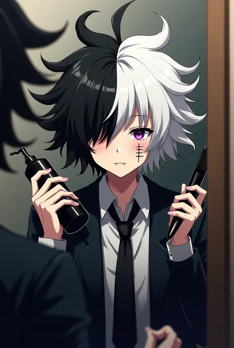 Unlicensed surgeon Black Jack styles his hair in the mirror,In one hand she is holding a black shampoo bottle and a comb,Hair dye,Two-tone hair, The right half is white,Left half is black,Stitches on left eye,Black coat,Anime Style,