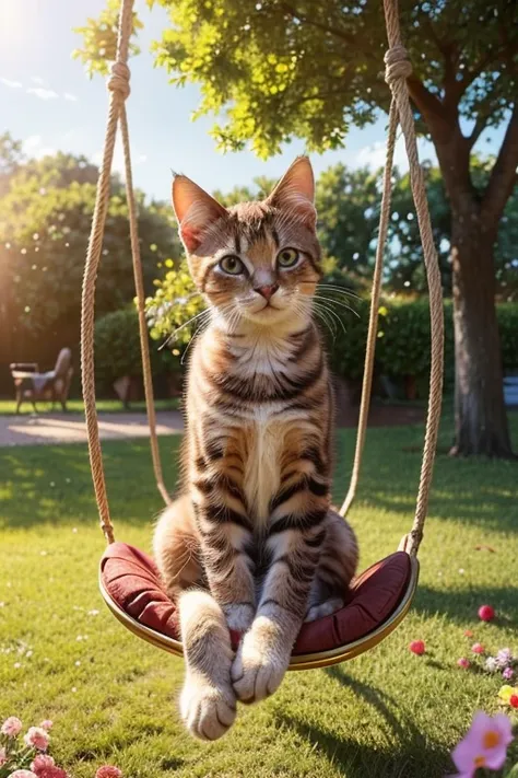 A beautiful mama cat with its kittens, riding on a swing in a sunny park, photo realistic, 8k, highly detailed, photorealistic, hyper detailed, masterpiece, warm lighting, vibrant colors, soft focus, adorable kittens, cats eyes are extremely detailed, cats...