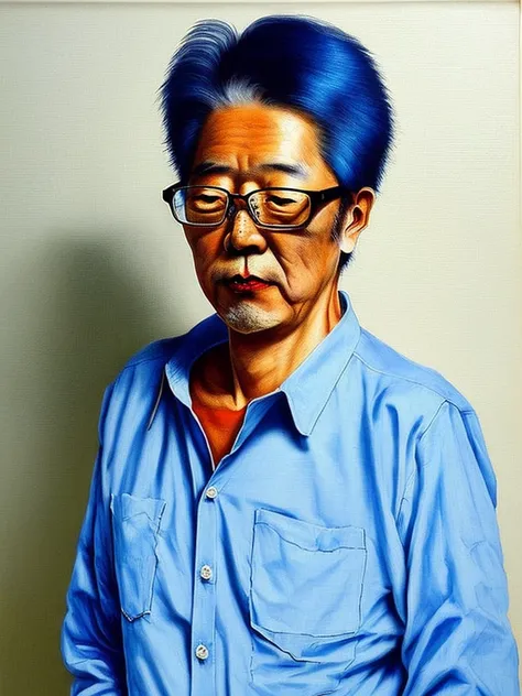 arafed man in a blue shirt and glasses standing in front of a white wall, Hideo Minaba, Yasushi Nirasawa, Shinya Tsukamoto, Hiroyuki-Mitsume Takahashi, Kazuki Takahashi, He threatened Hideo, Takao Saito, Haruhiko Mikimoto, Art by Jiro Matsumoto, Japanese m...