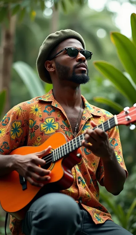 Singer mc fracture with sunglasses short hair goatee beret medium height with guayabera shirt playing ukulele in Jamaica 