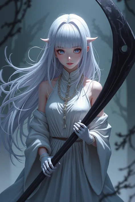 Silver long hair anime girl，White Gloves，giant scythe