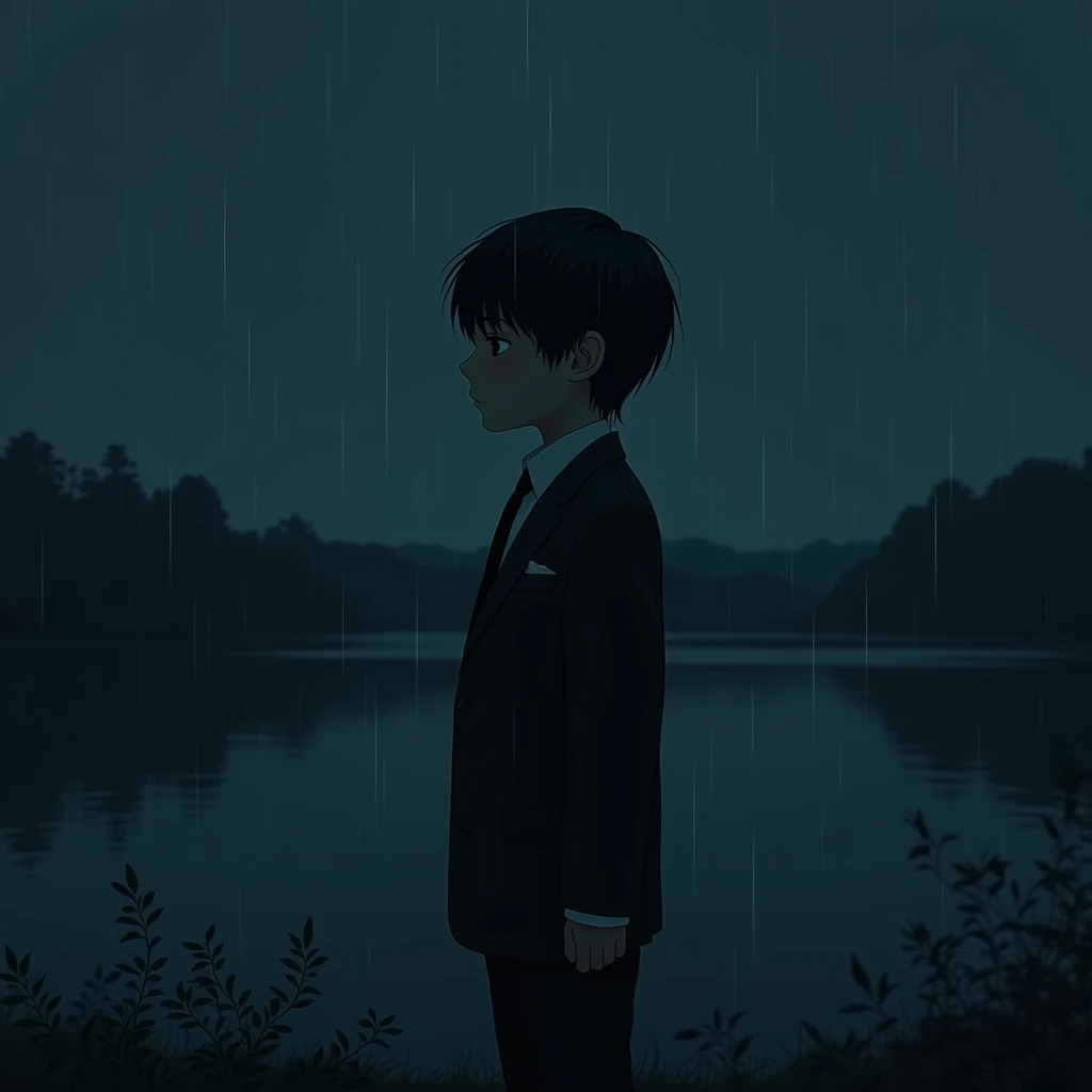 1 boy  standing front of Lake in in night Time the boy wearing formal suit , background feature is slowly raining, alone boy sad boy, missing someone  4k, 8k high quality imege 