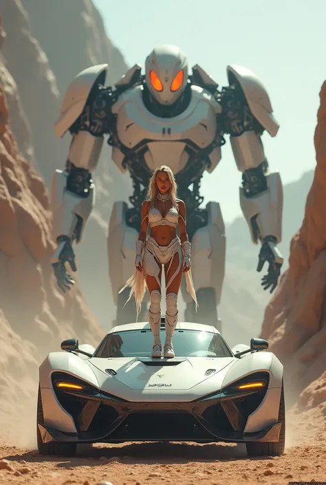 Full body hyper-realistic girl in a fighting pose, standing on the hood of a modified supercar robot car. Background of limestone hills like in a robotic film, skylight, robot with orange glowing eyes with big illusion guns in the cyberpunk style behind he...