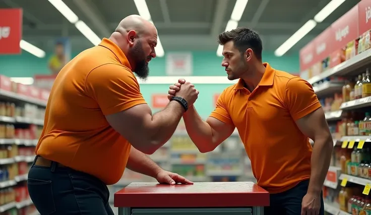 1 brock lesnar with orange polo t-shirt  and black pant arm wrestling with 1 skinny guy with orange polo t-shirt and black pant  at supermarket 