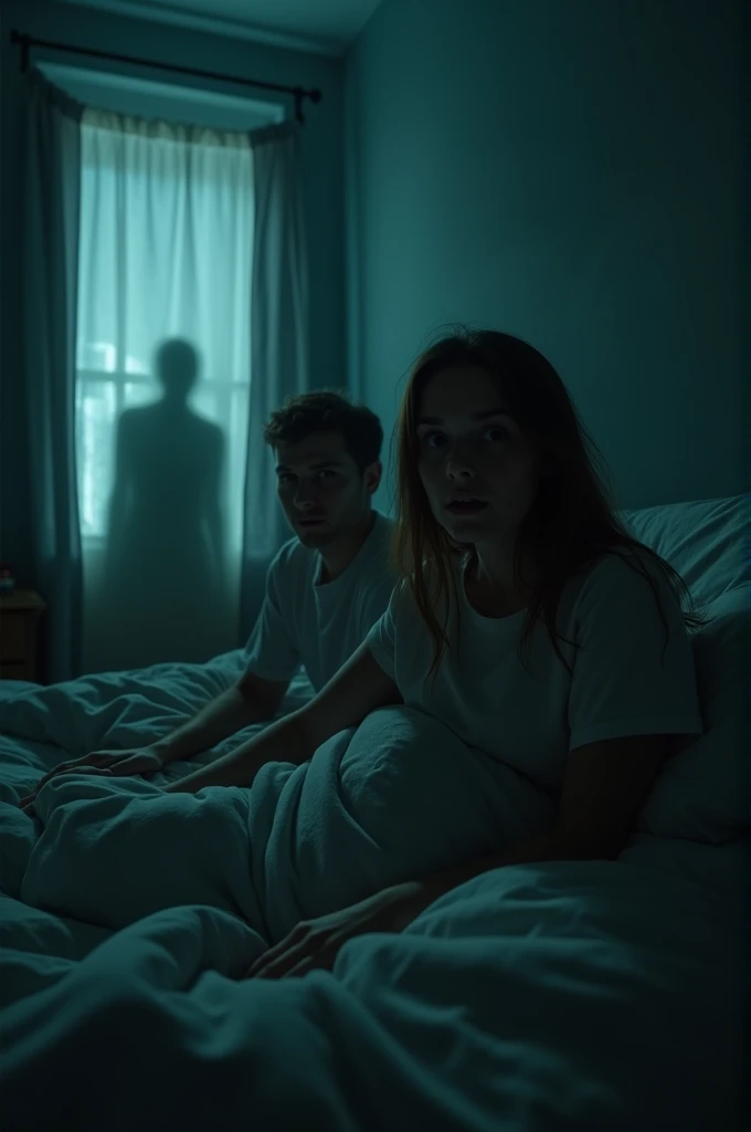 Sara and tom waking up at night due to a horror voice , the room is dark, there is a shodow of a ghost