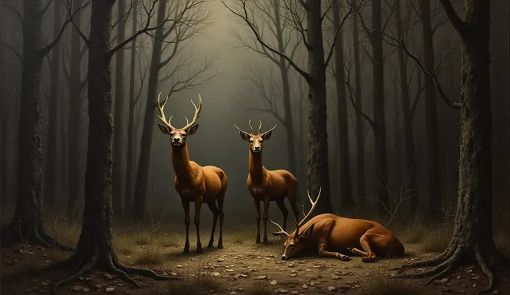 An old painting, darkly. with a couple of antlerless red deer in the forest , a deer lying down, no horney