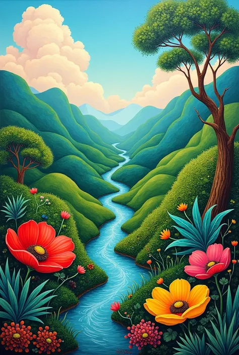 Painting depicting tranquility and nature in the style of the painter Mamani Mamani 