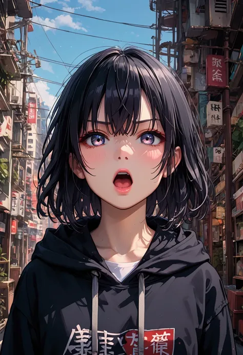 one girl, shortcuts, black hair, bangs between the eyes, open your mouth a little, anatomically correct, glare、black hoodie