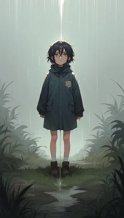 A young girl stands in a deserted city covered in grass, with heavy rain pouring down on a dark and gloomy day. Girls 