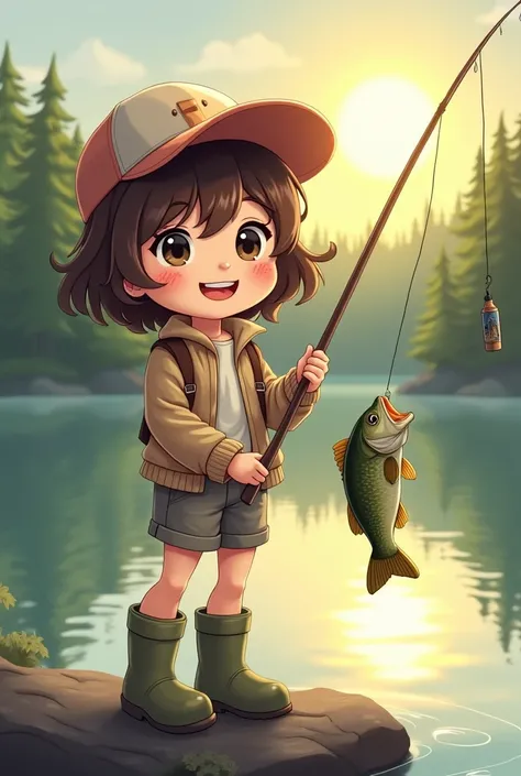 "Create an image of a cute girl fishing for black bass by a calm lake. The girl has short, wavy hair, big sparkling eyes, and a cheerful smile. She is wearing a casual fishing outfit with a cap, a light jacket, and shorts, along with rubber boots. The girl...