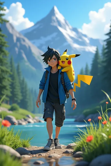 Pikachu and Ash front face journey 
Ash dress black paint and black t shirt and blue jacket 
Mountain view and blue sky  green forest 
River  3d
One hand poke all throw
