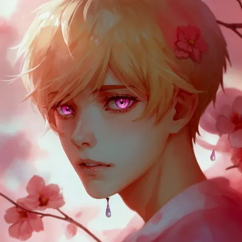 Handsome boy, High resolution, short hair, blonde hair, masterpiece, best quality, detail, Tempting, Pink gradient colored eyes, Eyes have light spots, ribbon, love hairpin, transparent gauze, flower, Audai, raindrop, Tiger Teeth