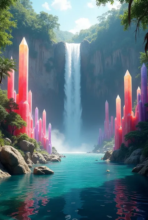 An incredible area deep within the tropical rainforest, is an area with an enormous cascading waterfall and a massive lagoon beneath it where massive multi colored quartz crystals that are partially translucent and here they are the size of skyscrapers. In...