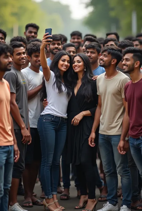 very tall dark indian hindu boys crowd with forehead tilak in tshirt pant taking selfie by there mobile phone with kim Kardashian and Kylie Jenner busty booty slim thick curvy flaunts curves in hijab college outfit.long earrings.high heels.in college campu...