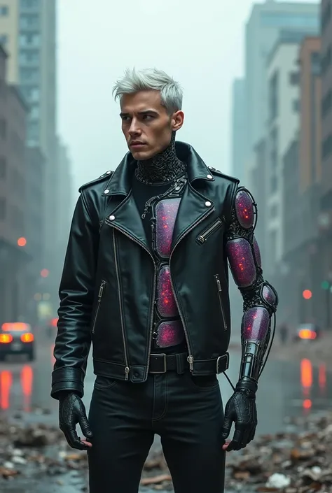 A man with cyberpunk-style mechanical body parts stands out. white hair</input></xml>，His transparent skin reveals circuits and cables, His eyes flash with colored LEDs. Limbs made of a mixture of flesh and metal, Possessing advanced prosthetics and cybern...