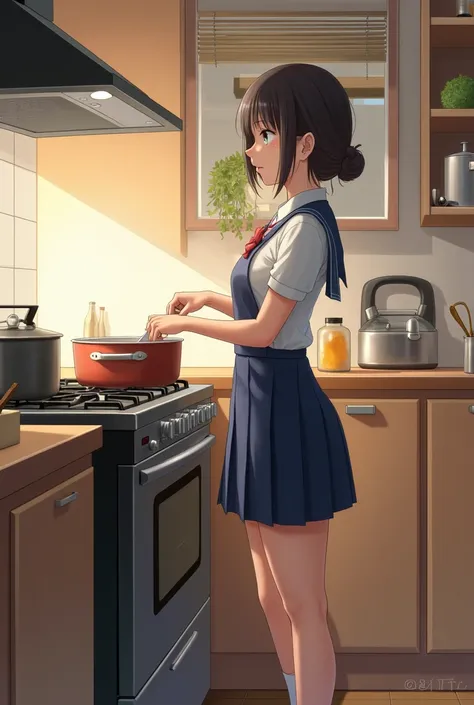 teenage girl wearing school uniform cooking on stove