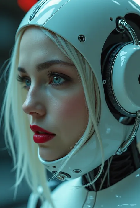 A man wearing a futuristic helmet、Close up of woman wearing red lipstick, white hair</input></xml>，Cyberpunk Jackie Wells, CG Society 9, style = Retro-futurism, Beautiful robot woman, Female robot portrait, Retro-futurism时尚, Movie《Blade Runner》Stills, Fema...