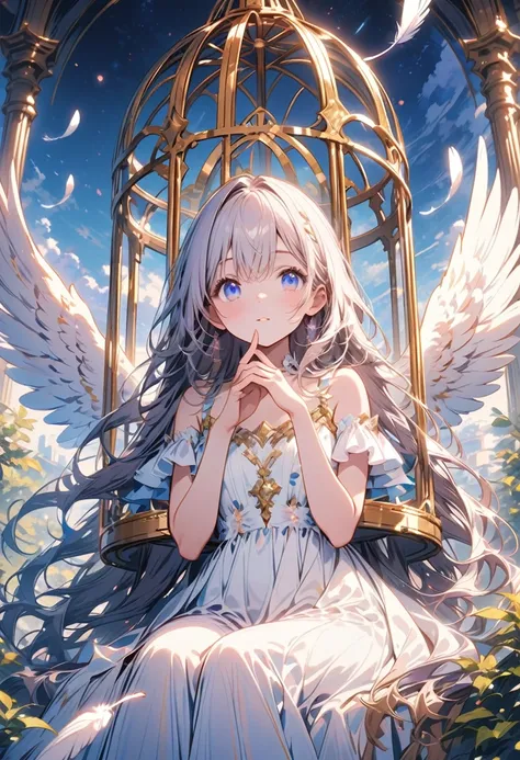 (best quality),(hands finger 5 digits),(extremely delicate and beautiful),(detailed ultra detailed),(scenery clear details),(scenery crystal clear ),(Alone),(blue eyes),(long white long hair),(white dress),(angel wings),(floating white feathers,starry sky)...