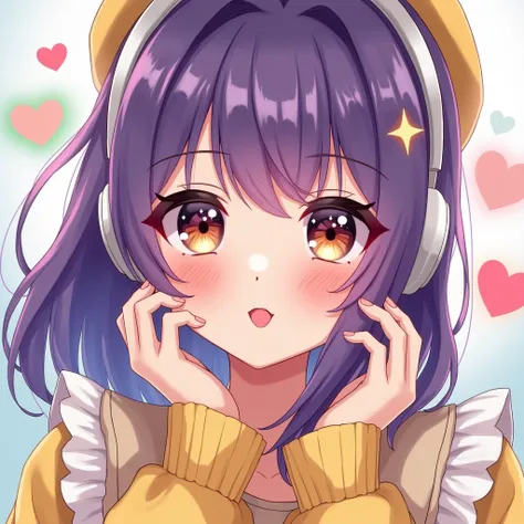 One girl, smile, Minimalist, Wolf Cut, Purple Hair, Bangs, Large Breasts, smile, Grin, Bright Eyes, Brown eyes, Droopy eyes, Light blush, Round eyes, Hearts in eyes, Long eyelashes, Sparkling eyes, Illustration effect for posters and magazines, White headp...