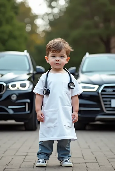 Make an image in which a 2 age boy wearing a white coloured half sleeve doctor apron and a stethoscope on neck and standing outside his house and three cars are parked outside the house these three cars are "MERCEDES, BMW, AUDI" 