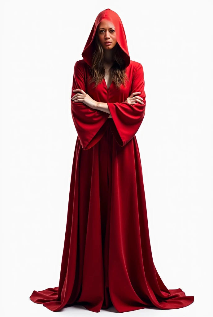 Realistic full body front view photo of a woman in a red robe reaching to the floor, with a hood and with his arms crossed, white background