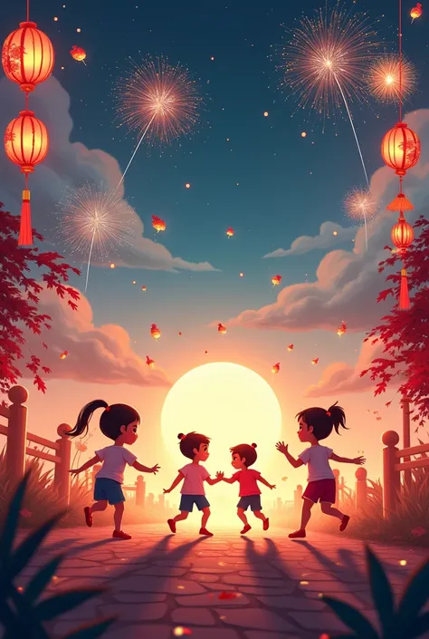 Chinese silhouette、Fish lamps、Fireworks in the sky、Children running around、Chinese style