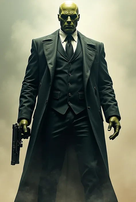 RPG, realistic tall man with face of an alien, he is wearing a mafia suit suitable for carrying different weapons with garters and belts. holding a laser gun, highly detailed, standing 3/4 view, medium shot, dynamic pose, masculine figure