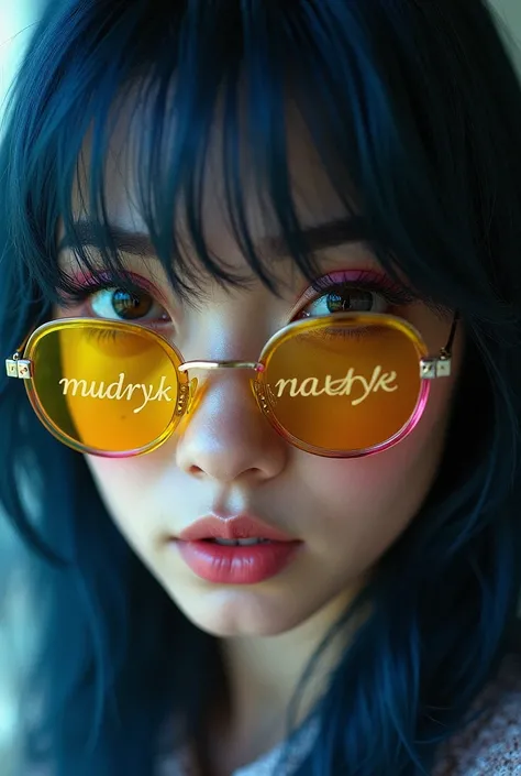 attractive lady photo of face closeup, the text "Mudryk" is one of the cheeks. She has dark blue hair and sunglasses with yellow and pink tint. cinematic and hyper realistic, detailed