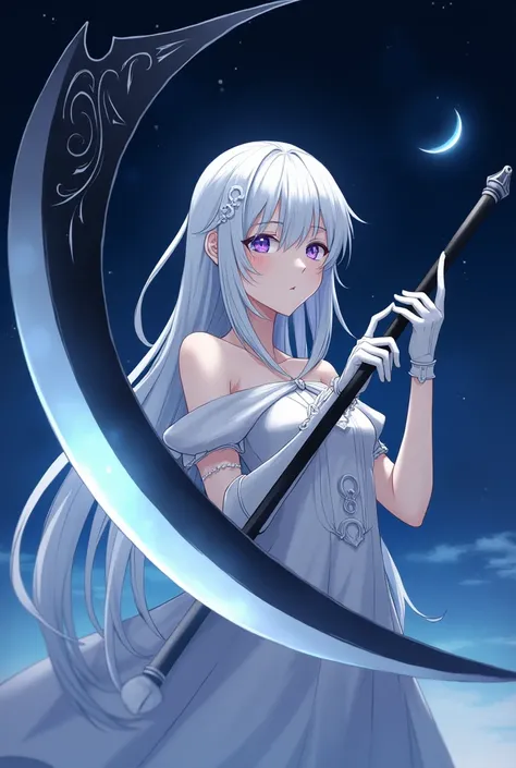 White long hair anime girl，White Gloves，giant scythe，anime style，Night sky