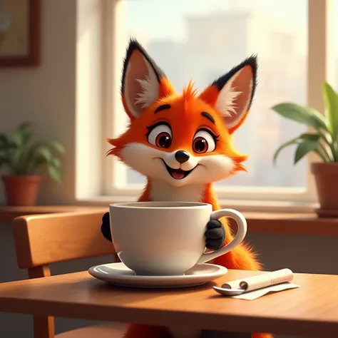 Cartoon fox at a cafe table with a huge cup of coffee and a happy smile. Picture in the style of Pixar studio